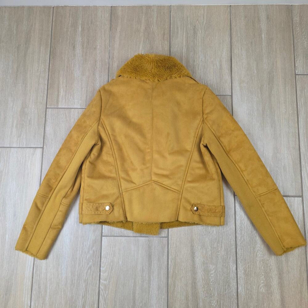 Forever 21 Moto Jacket Womens L Mustard Faux Suede Shearling Fur Biker NWT - Picture 4 of 12